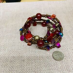 Glass Bead Red Purple Gold Memory Wire Bracelet